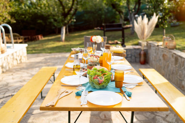 Well decorated table, at the garden, prepared for an garden party