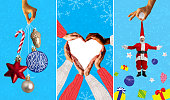 Poster. Contemporary art collage. Modern creative set made of posters with Christmas tree toys, decorations, Santa Claus with presents, human hands of in heart shape, frame.