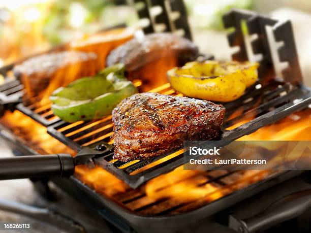 Steaks On A Outdoor Bbq Stock Photo - Download Image Now - Camping, Steak, Barbecue - Meal