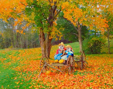 Raggedy Ann and Andy scarecrows are in a wagon surrounded by autumm Sugar Maples near East Corinth, Vermont