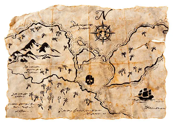 Folded and torn Map to Buried Treasure with a lot of detail, isolated on White Background. Nice for Pirate or Adventure Themes...
