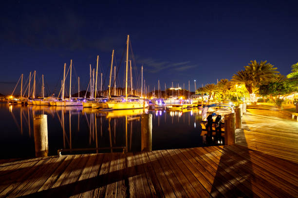 A long exposure shot of sailboats in Jolly Harbour, Antigua.