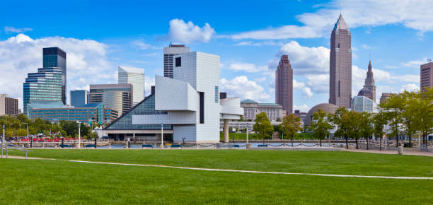Summer panoramic view of Cleveland's North Coast waterfront district with stadium, museums and Cleveland skyline.