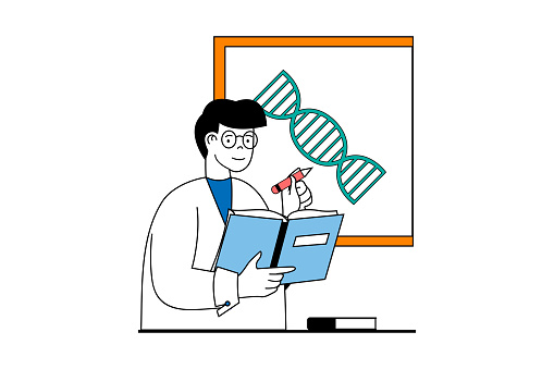 Medical service concept with people scene in flat web design. Scientist geneticist researching dna molecule in clinic laboratory. Vector illustration for social media banner, marketing material.
