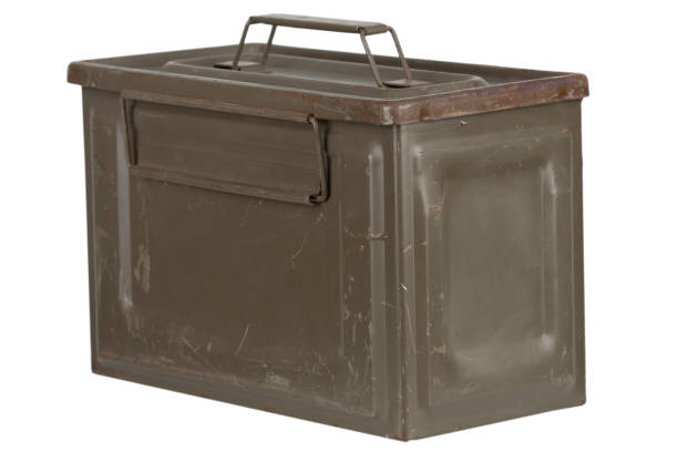 istock US army green metal .50 cal ammo can on white background. 1682666949