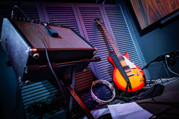 Musical instruments and equipment on stage before the concert.