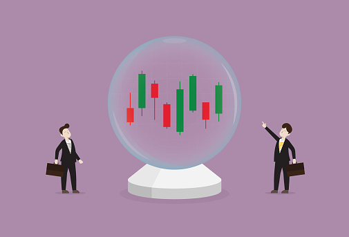 Stock market data candle bar graph in a crystal ball for investment predictions and stock trends concept