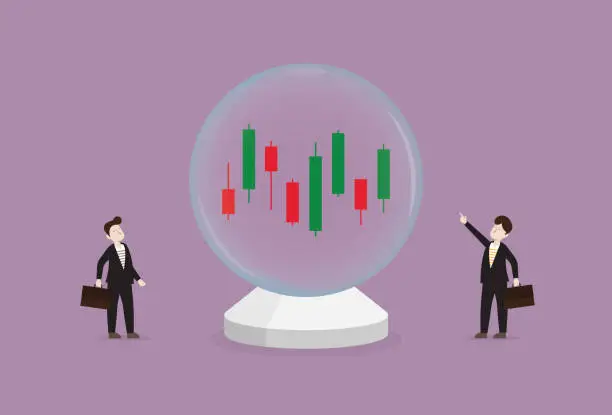Vector illustration of Stock market data candle bar graph in a crystal ball for investment predictions and stock trends concept