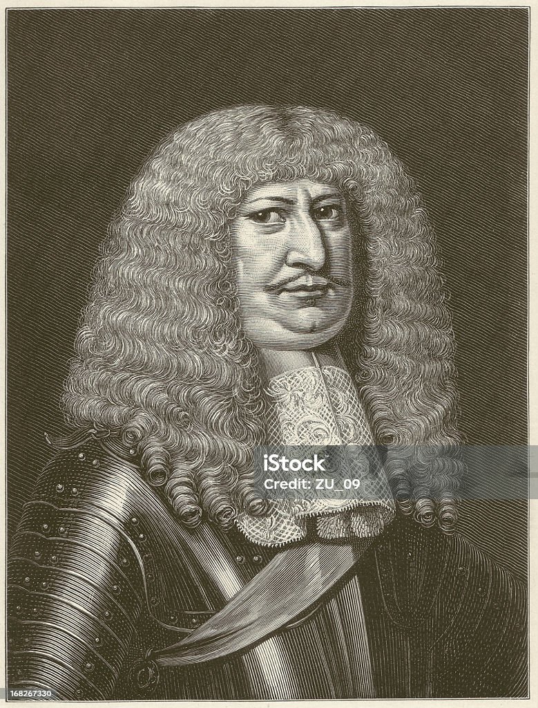Frederick William (Great Elector, 1620-1688), wood engraving, published in 1881 Frederick William of Brandenburg (called The Great Elector, 1620 - 1688) from the House of Hohenzollern, was Margrave of Brandenburg since 1640 and Elector of the Holy Roman Empire and Duke of Prussia. His pragmatic, decisive and reform-minded government policy paved the way for the later rise of Brandenburg-Prussia as a great power and one of the leading German Hohenzollern dynasties, which is why he wore from 1675 also the nickname of the Great Elector. Woodcut engraving after a painting by Jacques Vaillant (Dutch painter, 1643 – 1691), published in 1881. Illustration stock illustration