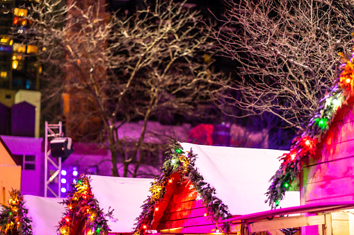 Cabins of the Montreal Christmas market at night.