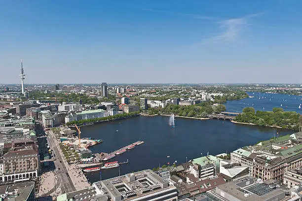 The centre of Hamburg, Germany, with the famous lake "Alster" and the street "Jungfernstieg". In the back you can see the "Heinrich Hertz TV-Tower".