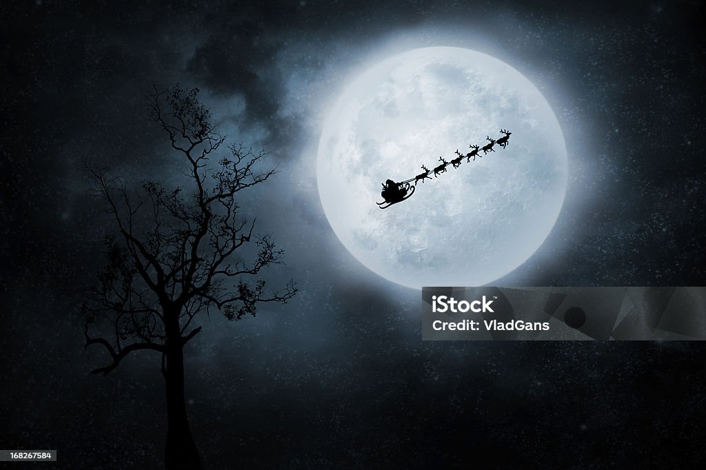 Christmas Flight Santa flies to deliver gifts. On night sky background Santa Claus Stock Photo