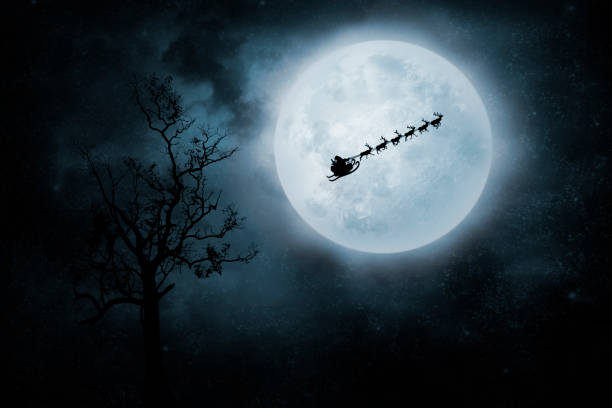 Christmas Flight Santa flies to deliver gifts. On night sky background animal sleigh stock pictures, royalty-free photos & images