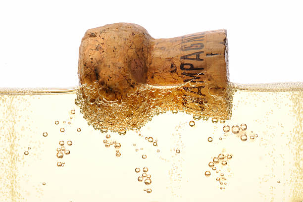 floating champagne cork in flute close up on a champagne cork floating on bubbling champagne in champagne flute on white background champagne bubbles stock pictures, royalty-free photos & images