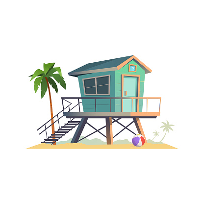 Summer lifeguard house on the sandy beach. Isolated on white background. Cartoon vector illustration