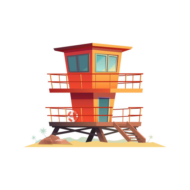 домик спасателя на песчаном пляже - hut island beach hut tourist resort stock illustrations