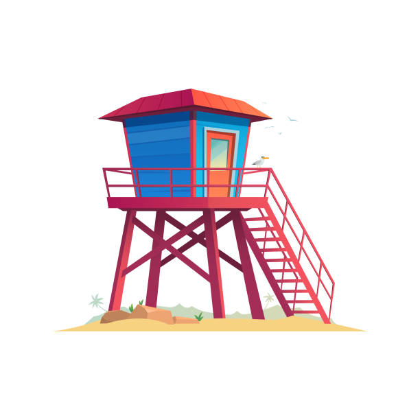 домик спасателя на песчаном пляже - hut island beach hut tourist resort stock illustrations