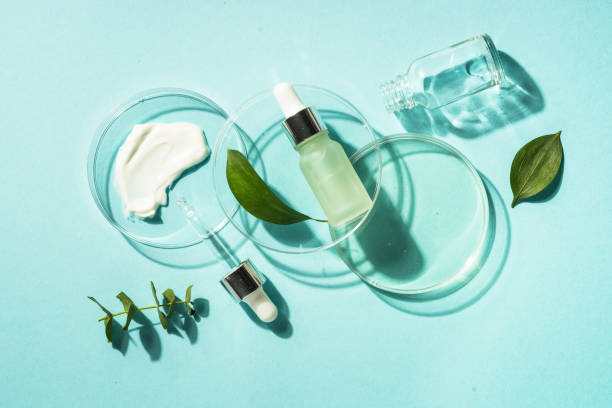 istock Eucalyptus cosmetic, cosmetic laboratory at blue background. 1682684569