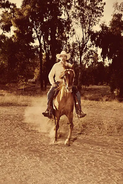 Photo of Portrait of a cowboy riding his horse