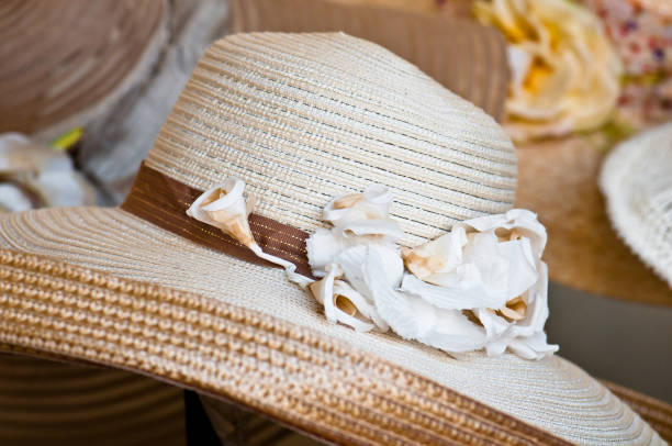 Detail of a cotton vintage woman hat exposed in a vintage street market