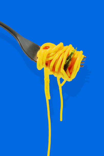 Contemporary art collage. Modern creative artwork. Colorful noodles, spaghetti, pasta carbonara on fork. Banner. Poster. Italian food.