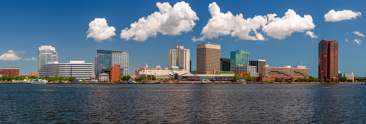 Norfolk, Virginia, USA downtown skyline panorama on the Elizabeth River.