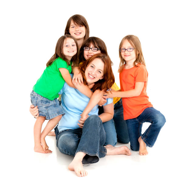 Single mother and four children on white background.