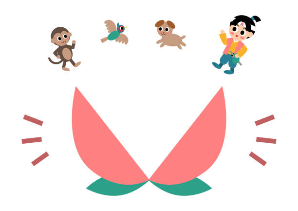 桃太郎のベクターイラスト。日本で有名な民話。犬、猿、キジ、桃太郎がひび割れた桃から飛び出します。 - friendship cartoon monkey men点のイラスト素材／クリップアート素材／マンガ素材／アイコン素材