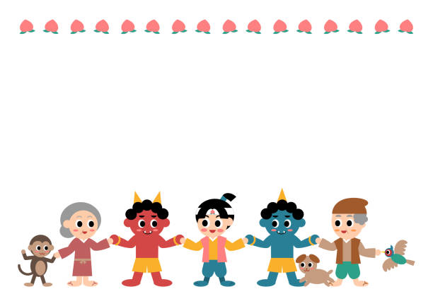 wektorowa ilustracja momotaro. znana opowieść ludowa w japonii. momotaro i jego przyjaciele zawierają pokój z demonem. - friendship cartoon monkey men stock illustrations