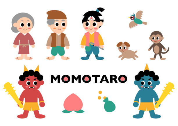 набор векторных иллюстраций персонажей момотаро. момотаро - известная история в японии. - friendship cartoon monkey men stock illustrations
