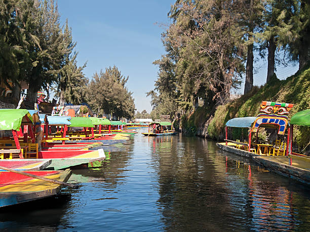 Trajinera boats in Xochimilco, Mexico City The canals of Xochimilco, the "Mexican Venice". Close to Mexico City, it is a famous place to take a relaxing boat ride in the big Trajineras, which hold up to 20 people and have a meal and music on board. trajinera stock pictures, royalty-free photos & images