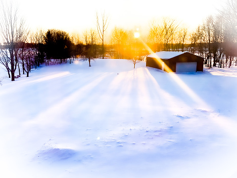 Winter scene with snowcapped trees at sunrise.