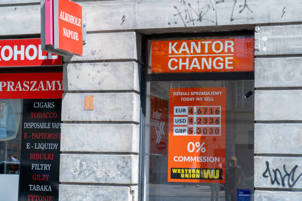 Currency exchange in the Polish exchange office. Signboard on the street, banner. The exchange rate of foreign currencies. Warsaw, Poland - July 27, 2023. Polish change money office. Signboard on the street, Kantor red banner. The exchange rate of foreign currencies. Word kantor in Polish language - currency exchange. Warsaw, Poland - July 27, 2023. kantor stock pictures, royalty-free photos & images