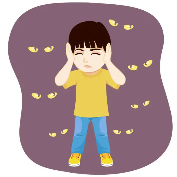 Vector illustration of Boy Scared Of Dark And Noises