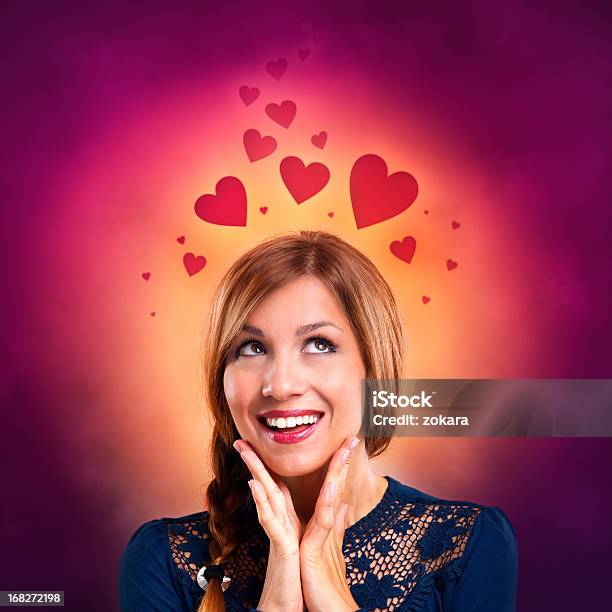 Young Woman Thinking Loving Thoughts Stock Photo - Download Image Now - Purple, Women, Abstract