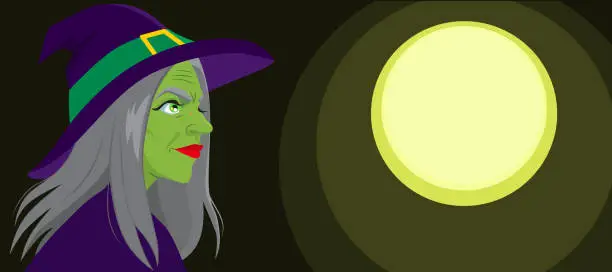 Vector illustration of Profile Side View Of Witch On Moon Background