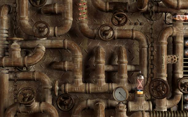 istock Background dark wall loft steampunk lamp from pipes 1682728318