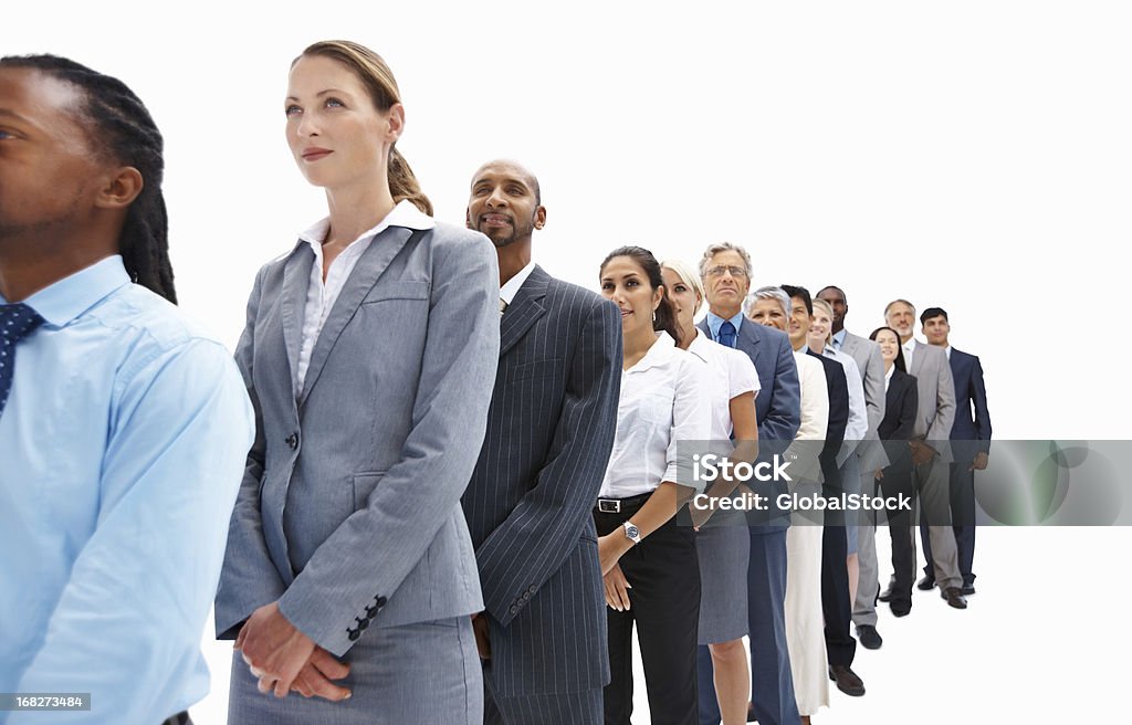Business people lined up Successful business people lined up in over white background People In A Row Stock Photo