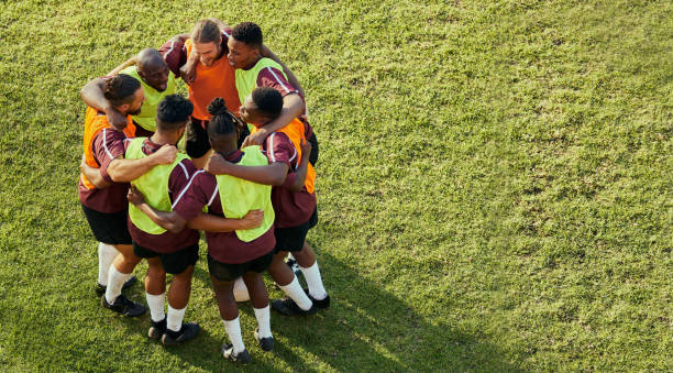 istock Soccer group, men and huddle for motivation, support and game strategy talk on sport field. Above, grass and exercise of a training team together with solidarity and friends outdoor for competition 1682736577