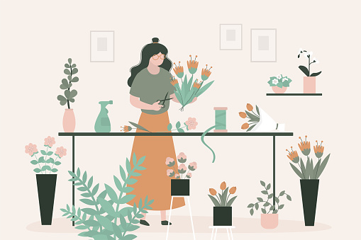 Woman florist seller makes bouquet in flower shop. Florist with bouquet. Businesswoman with flowers at workplace, table with tools. Young girl with colorful plants. Floristry and botany. flat vector