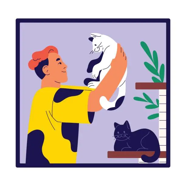 Vector illustration of Happy woman with short haircut hugs cute cat. Person relax with adorable fluffy kittens, funny kitty. Girl rest with animal in loneliness. Owner of two pets flat isolated vector illustration