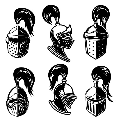 Set of black and white illustration of knight helmet. Warrior helmet. Design element