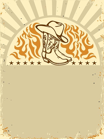 Western poster with Cowboy boots and hat on old paper background for text. Vector vintage cowboy party illustration.