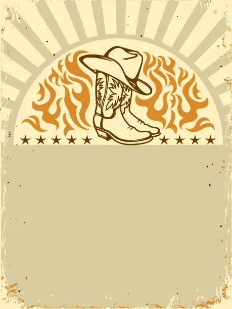 Vector illustration of Western poster with Cowboy boots and hat on old paper background for text. Vector vintage cowboy party illustration