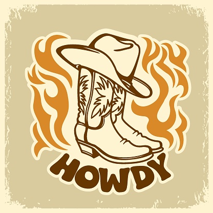 Cowboy card vector on old paper texture with cowboy boots and hat graphic illustration. Wid West prit art illustration with howdy text