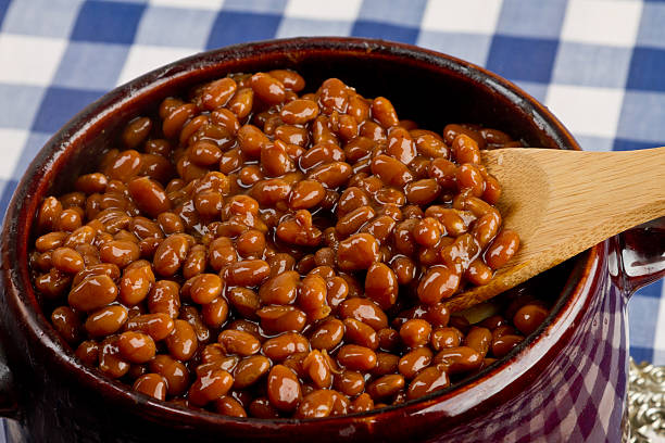 istock Pot of Baked Beans on a Blue Gingham 168277352