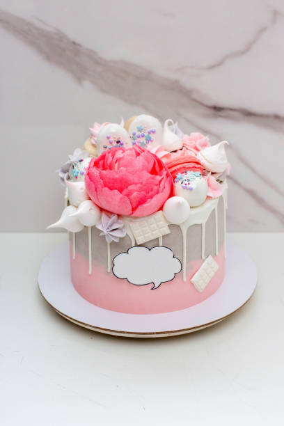 istock Beautiful and elegant grey and pink cake decorated with melted white chocolate, macaroons, edible peony flower and meringue kisses 1682773967