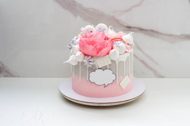 istock Beautiful and elegant grey and pink cake decorated with melted white chocolate, macaroons, edible peony flower and meringue kisses 1682774107