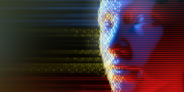 A close up abstract illustration of a three dimensional head, lit with yellow, blue and red lights,  formed from scan lines and 1 and 0 numerals representing AI and related technology. With copy space.