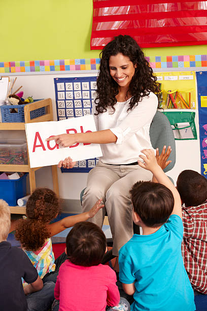 gruppo di età scolare alunni con insegnante in classe - primary produce foto e immagini stock